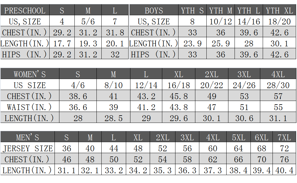 Soccer size chart